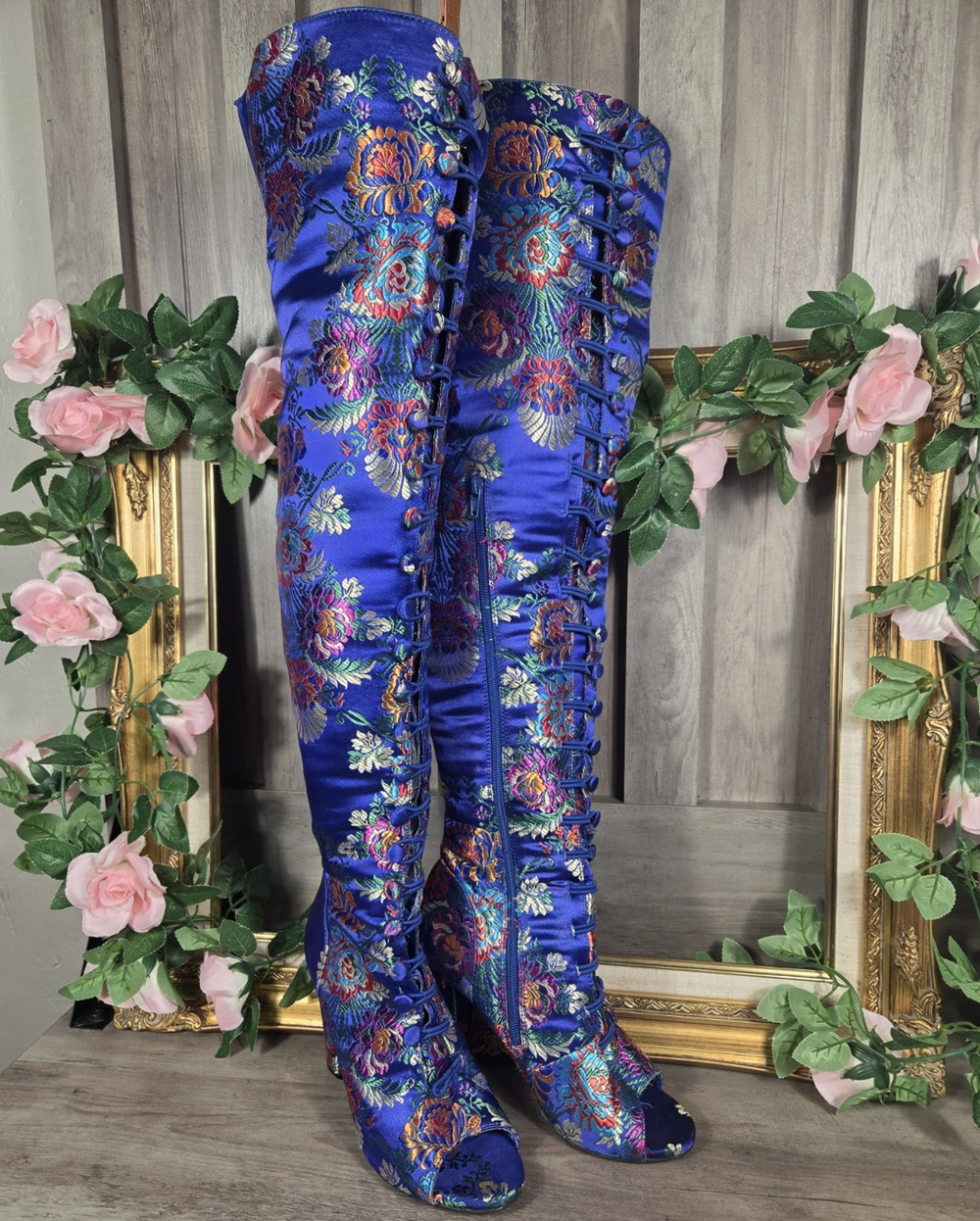 Bamboo Royal Blue Brocade Thigh High Boots Women's 8 Floral Embroidered Lace Up